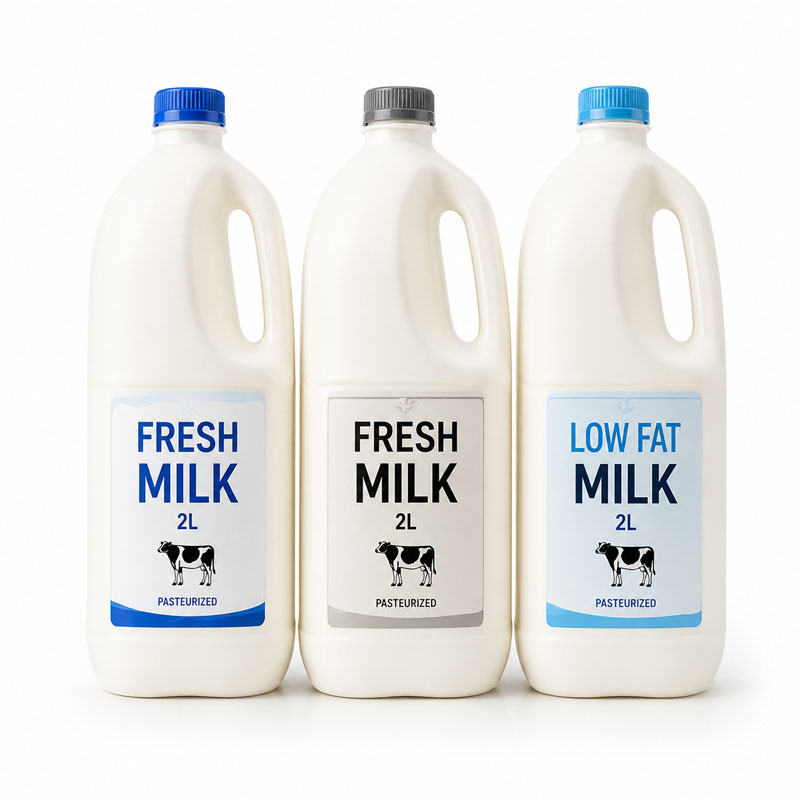 Labeled two-liter fresh milk bottles