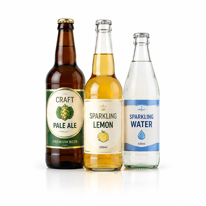 Labeled glass bottles for beer and carbonated beverages