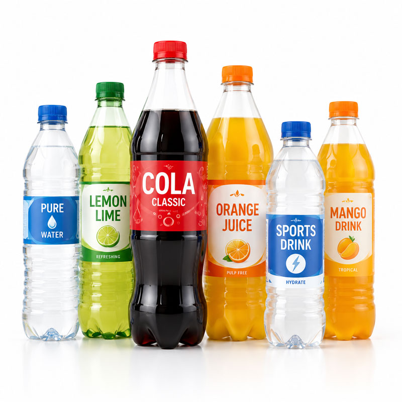 Labeled PET bottles for water, juice and soft drinks